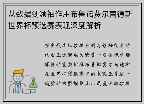 从数据到领袖作用布鲁诺费尔南德斯世界杯预选赛表现深度解析